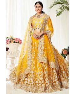Yellow Heavy Net with Silk Satin Party Wear Lehenga Choli with Dupatta