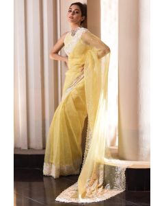 Yellow Net Fabric Partywear Saree with Zari Work