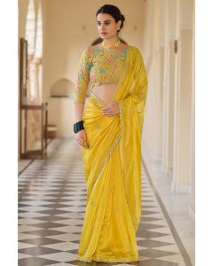 Yellow Organza Fabric Party Wear Saree with Soft Net Blouse