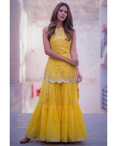 Yellow Silk and Net Sharara Suit For Haldi Ceremony