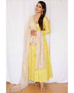 Yellow Silk Partywear Churidar Salwar Kameez