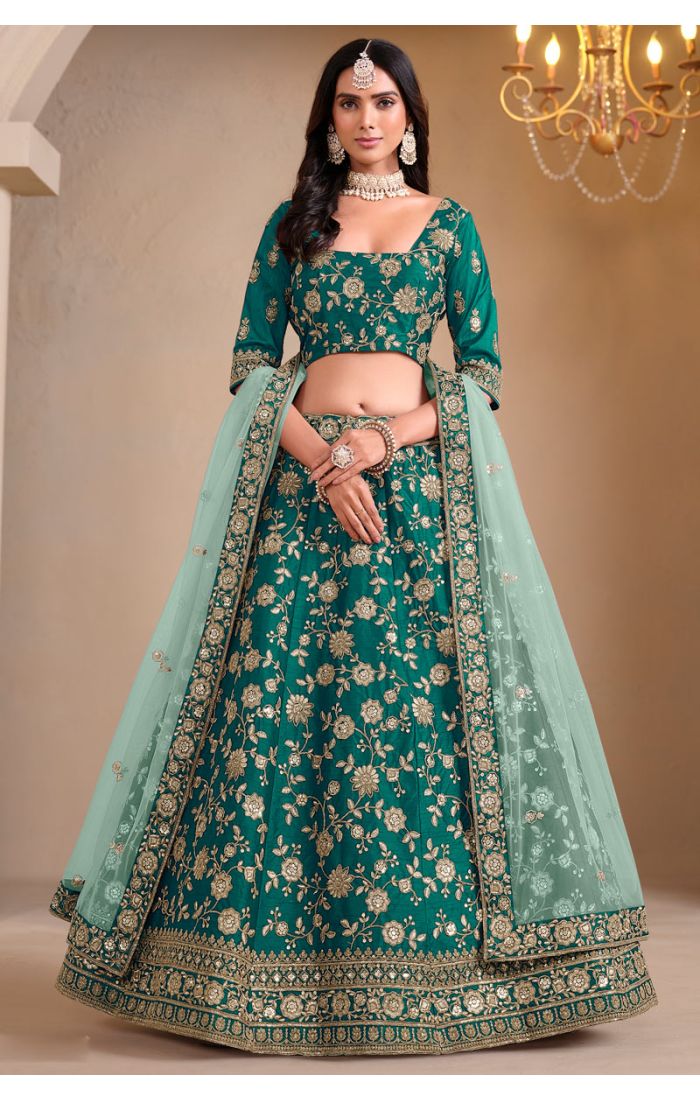 Emerald Grace Lehenga Set with intricate zari embroidery and sequin detailing, green lehenga choli with soft net dupatta, traditional Indian wedding and festive wear for women UK