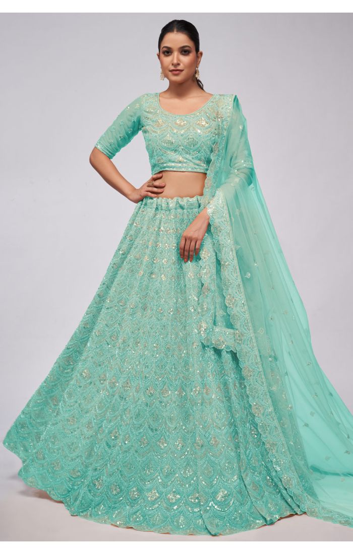 Aquatic Sequin Embroidered Georgette Wedding Lehenga with Dupatta