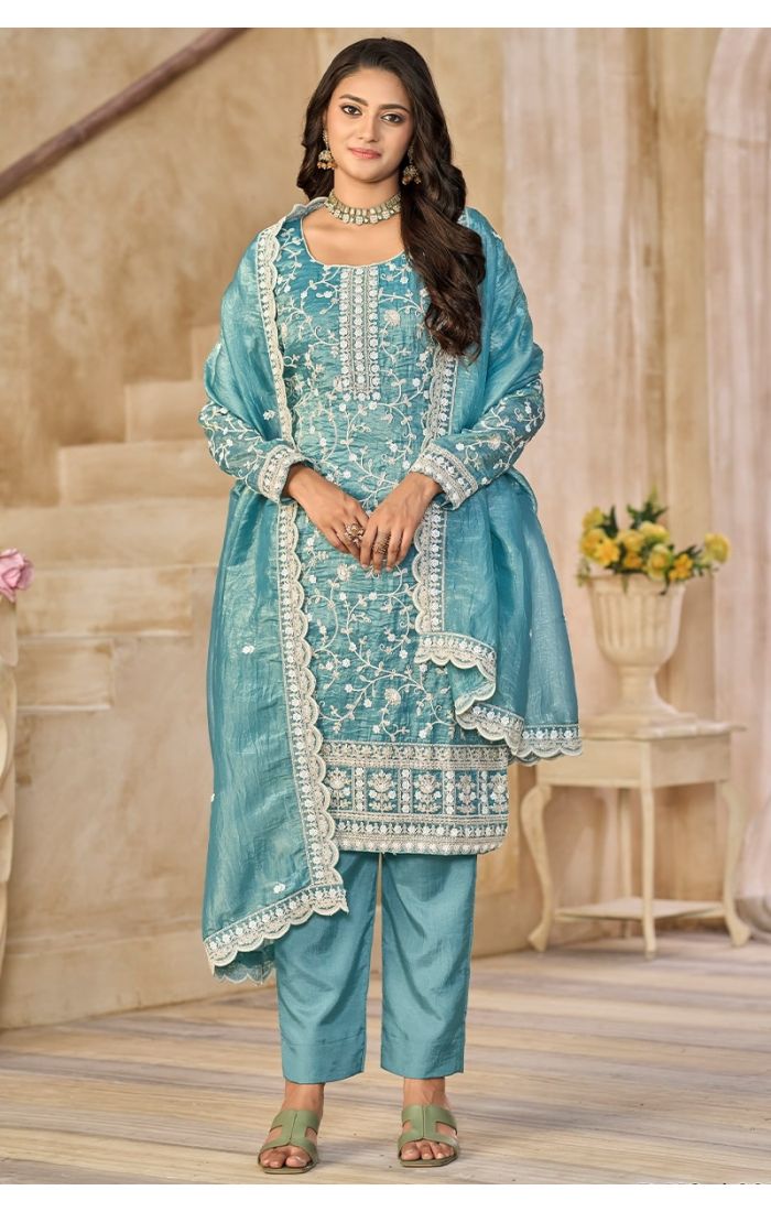  Fabric detailing of blue Organza (Crush Fill) suit