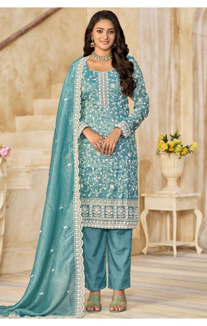  Full view of Azure Blue Organza Salwar Suit with dupatta