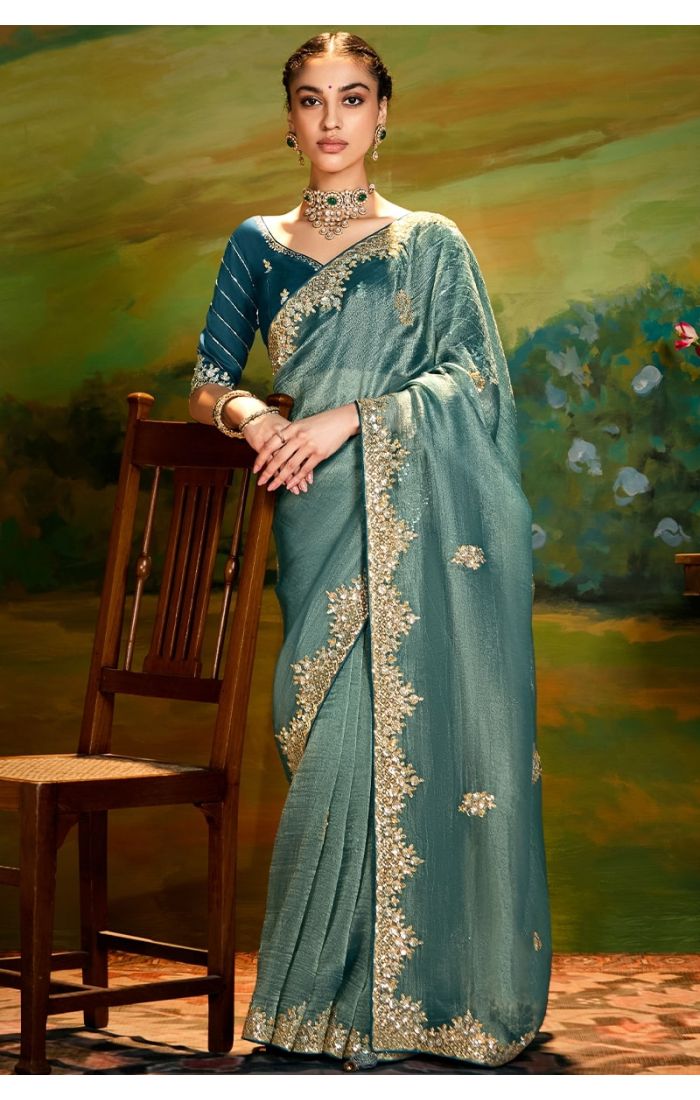 Azure Elegance blue organza saree with matching blue raw silk blouse front view – Appelle Fashion