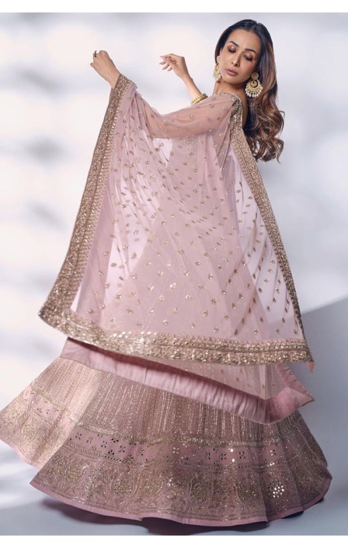 Designer Baby Pink Net Lehenga with Embroidered Dupatta and Heavy Sequin Work
