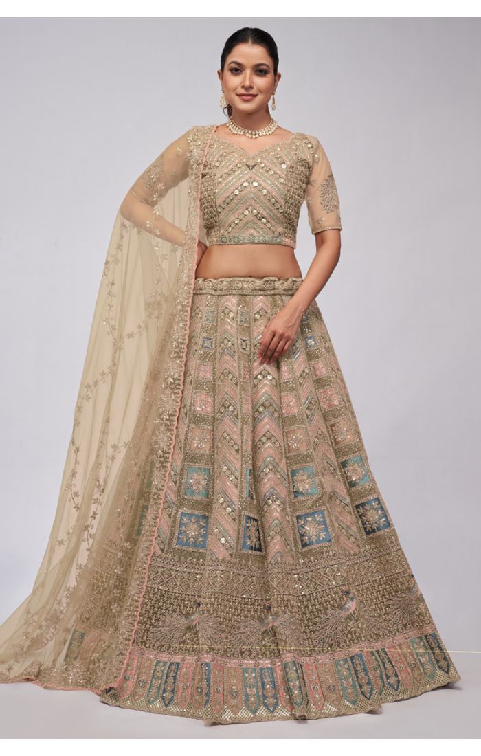 Beige Net Embroidered Bridal Lehenga with Peacock Motifs for Wedding Celebrations