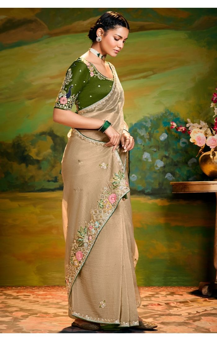 Side drape showcasing lace border and blouse design