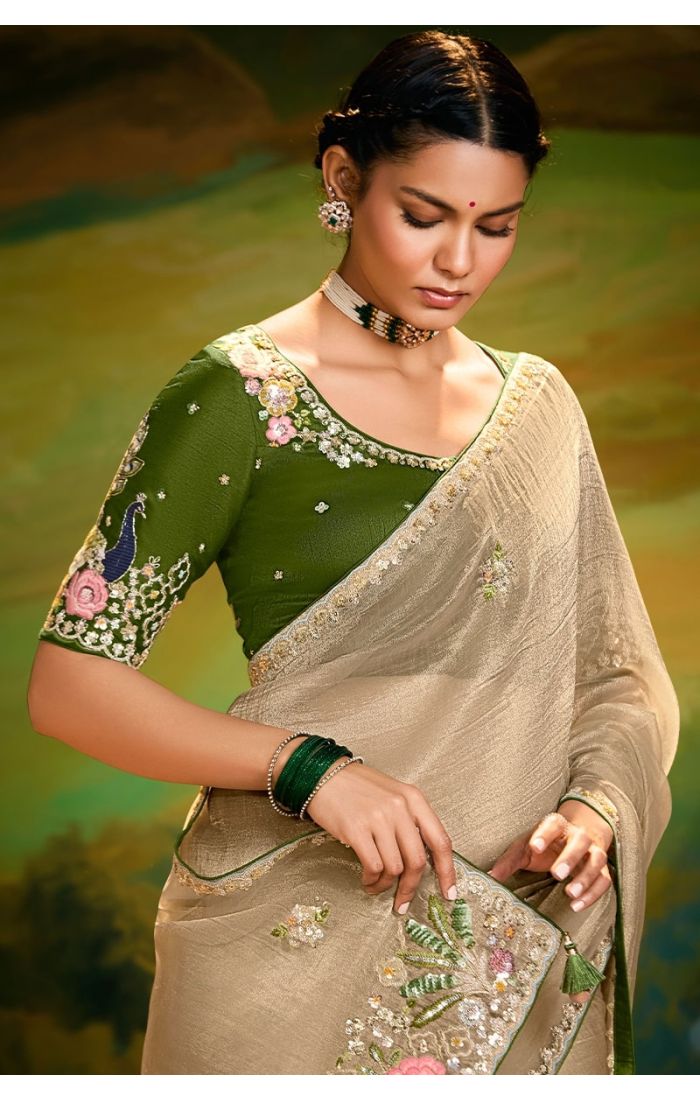 Close-up showing zari, sequins, and resham embroidery details
