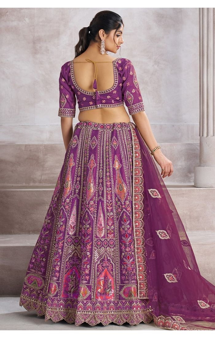 Back view of Berry Purple Patchwork Lehenga with aari and sequin embroidery – Appelle Fashion
