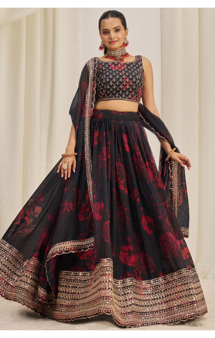 Black georgette floral lehenga choli with red rose print and embroidered round neck blouse for Navaratri and party wear