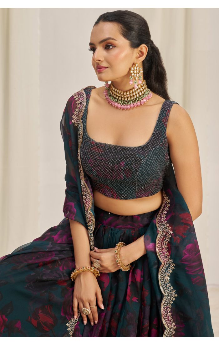 Close-up of square neck embroidered blouse with floral lehenga – LEHV4124