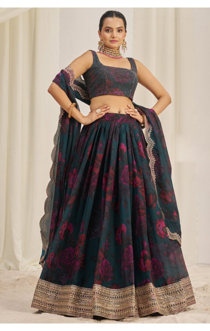 Dark black floral printed georgette lehenga choli front view – LEHV4124