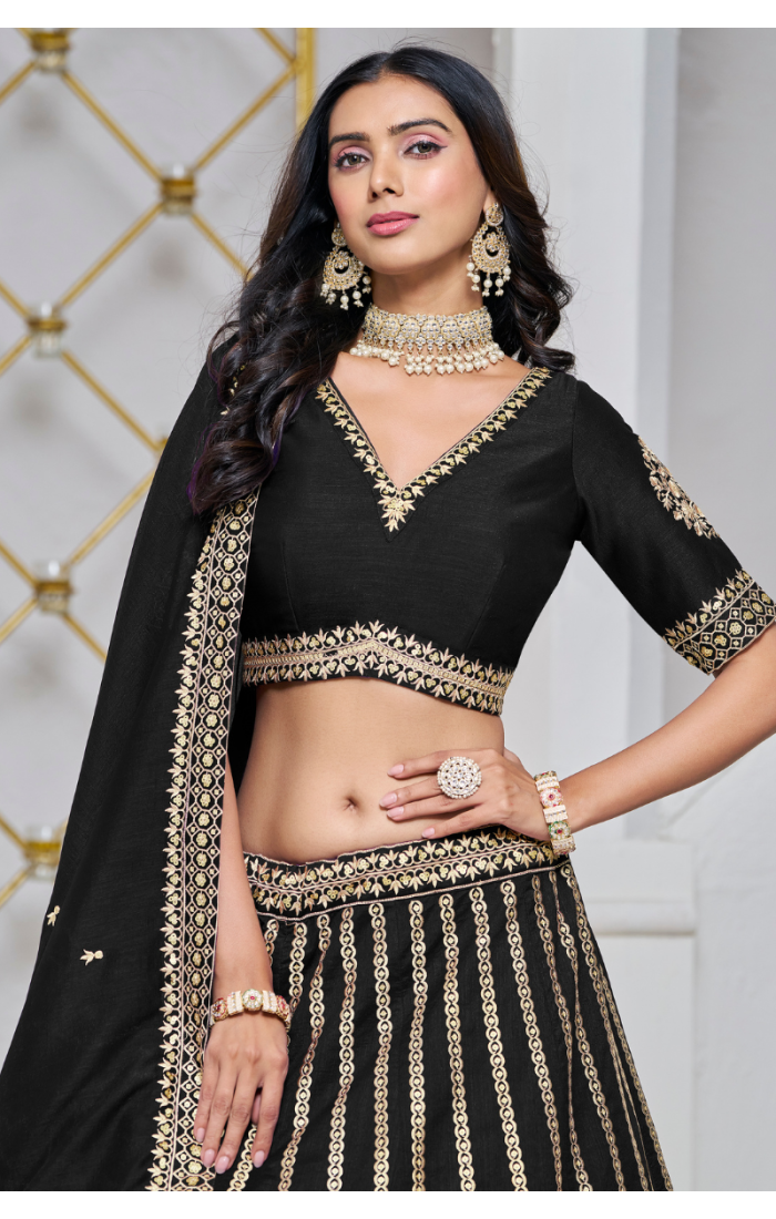 Black and Gold Wedding Lehenga Choli with Zari Embroidery and Sequins Work - Ideal for Festive and Wedding Wear