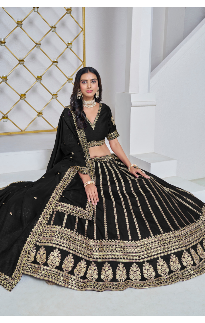 Black and Gold Wedding Lehenga Choli with Zari Embroidery and Sequins Work - Ideal for Festive and Wedding Wear