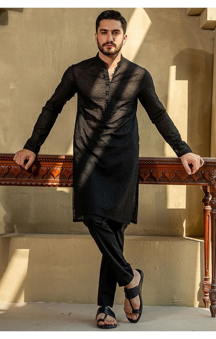 Black jacquard embroidered kurta for men – Eid, wedding, and festive wear in USA, Canada, UK, Germany, and more.