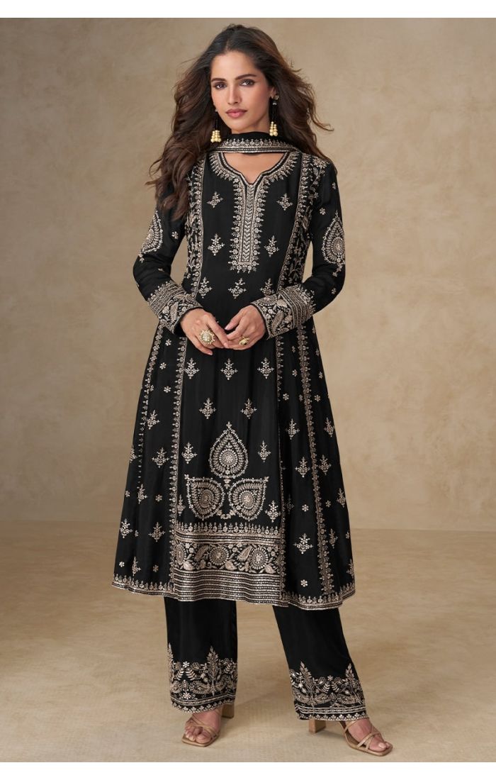 Black Premium Chinon Silk Salwar Kameez with Zari Embroidery – Front View