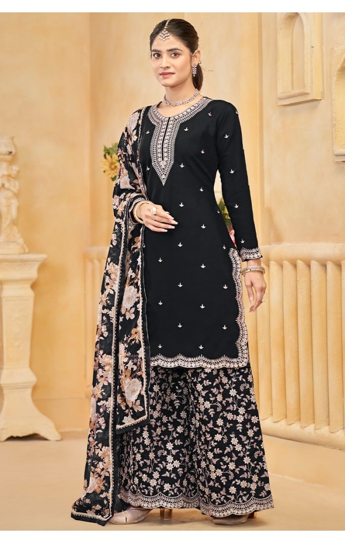 Black Roman Silk Palazzo Suit with Embroidery and Floral Dupatta for Weddings & Festive Wear