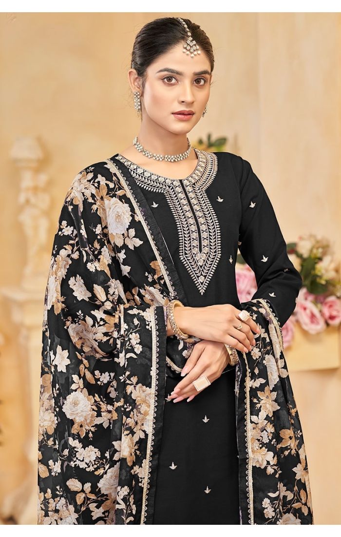 Black Roman Silk Palazzo Suit with Embroidery and Floral Dupatta for Weddings & Festive Wear