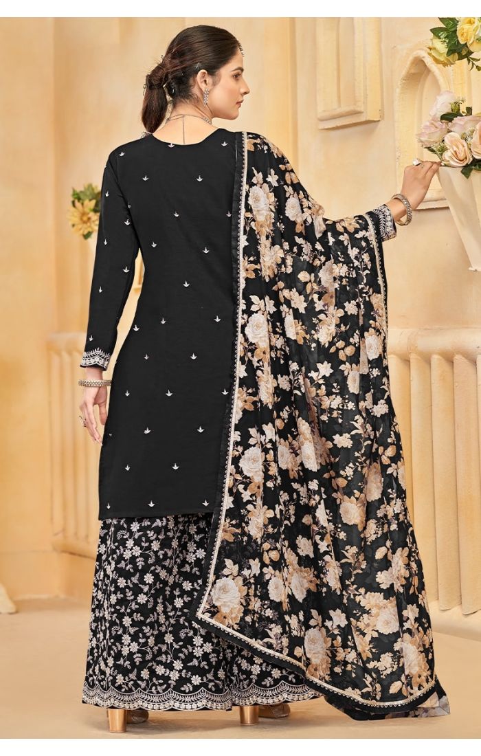 Black Roman Silk Palazzo Suit with Embroidery and Floral Dupatta for Weddings & Festive Wear