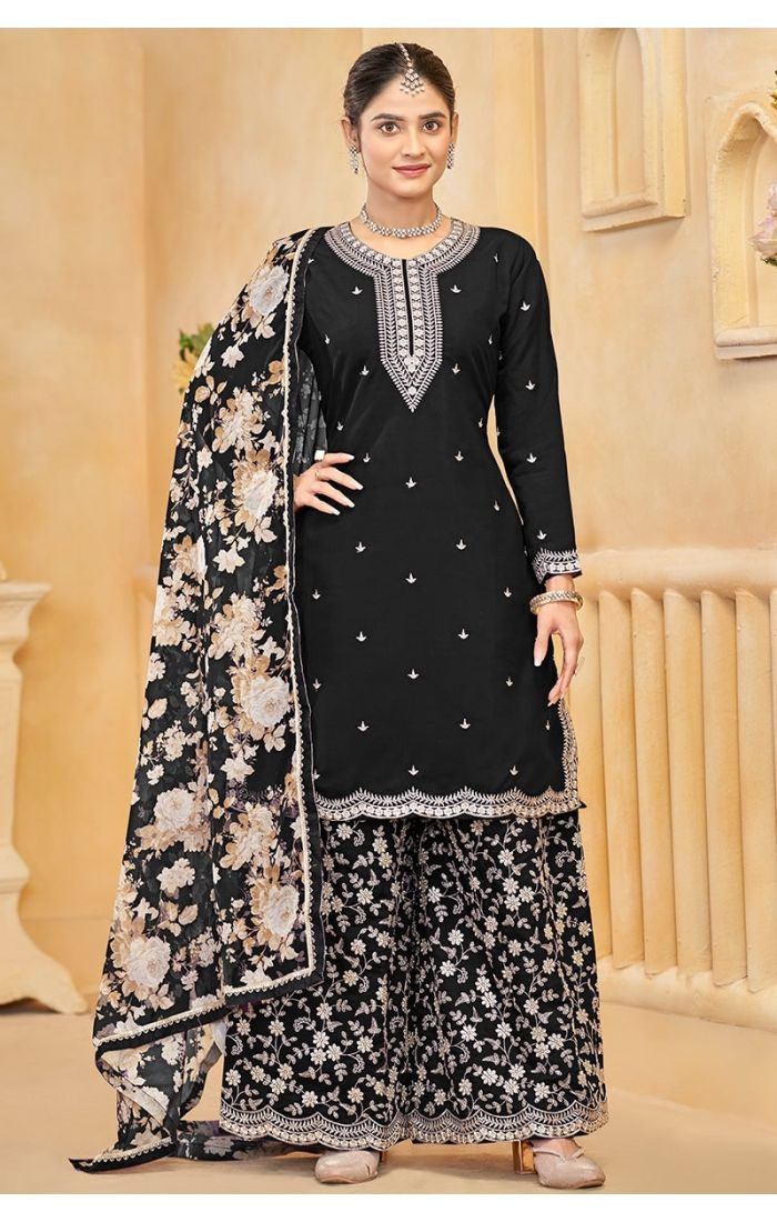 Black Roman Silk Palazzo Suit with Embroidery and Floral Dupatta for Weddings & Festive Wear