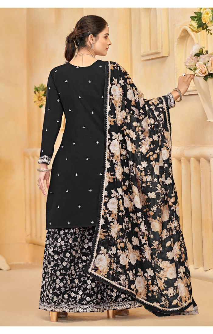 Buy Black Roman Silk Embroidered Palazzo Suit for Wedding & Festive Wear online - SALV5698 | Appelle Fashion 