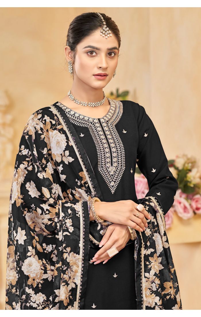 Buy Black Roman Silk Embroidered Palazzo Suit for Wedding & Festive Wear online - SALV5698 | Appelle Fashion 