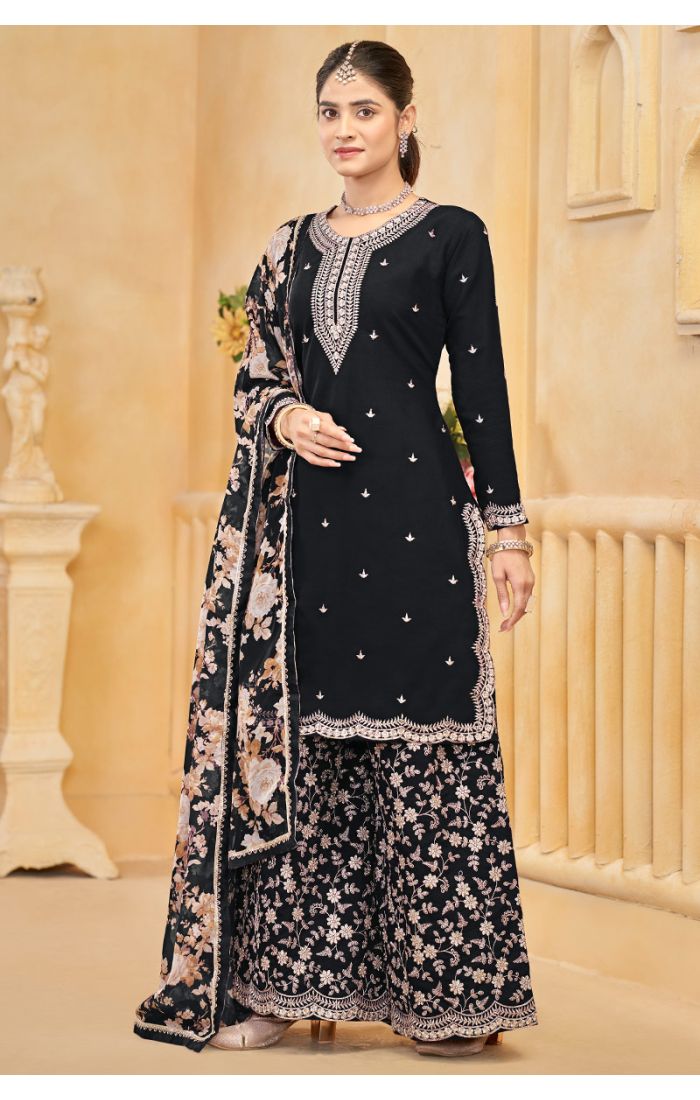 Buy Black Roman Silk Embroidered Palazzo Suit for Wedding & Festive Wear online - SALV5698 | Appelle Fashion 