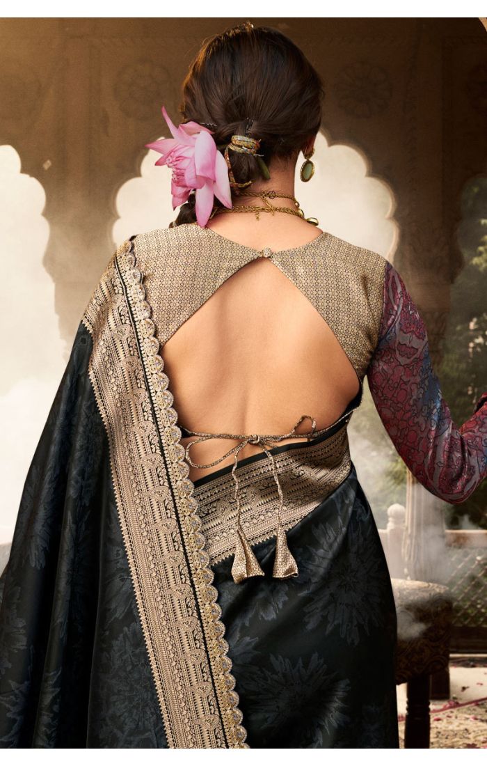 Black silk party saree with elegant blouse detail – SREV4036