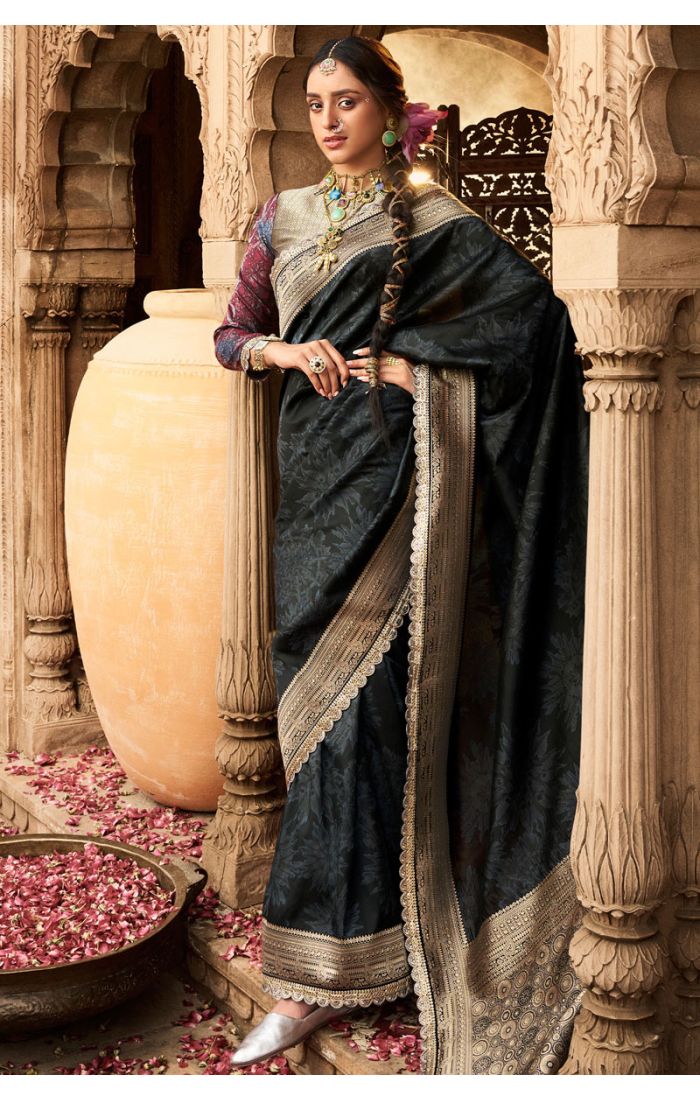 Black silk saree with gold woven border front view – SREV4036