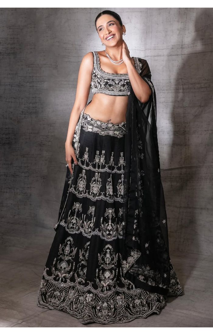 Front view of sleeveless black lehenga choli with heavy silver threadwork – LEHV4062