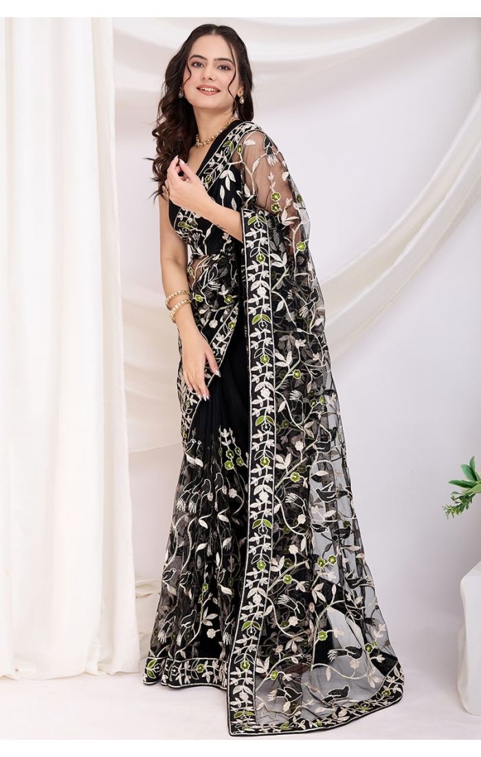  Designer black net saree with intricate thread embroidery for festive occasions in USA and UK.