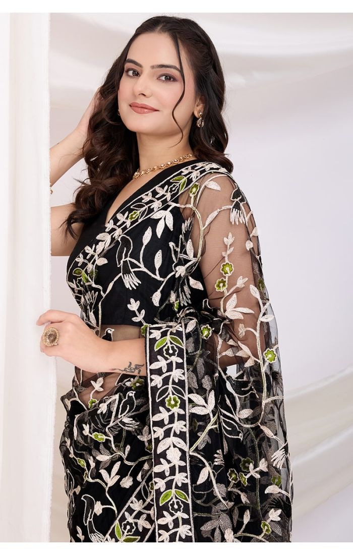  Black net saree pallu showcasing designer thread embroidery details for elegant ethnic fashion.