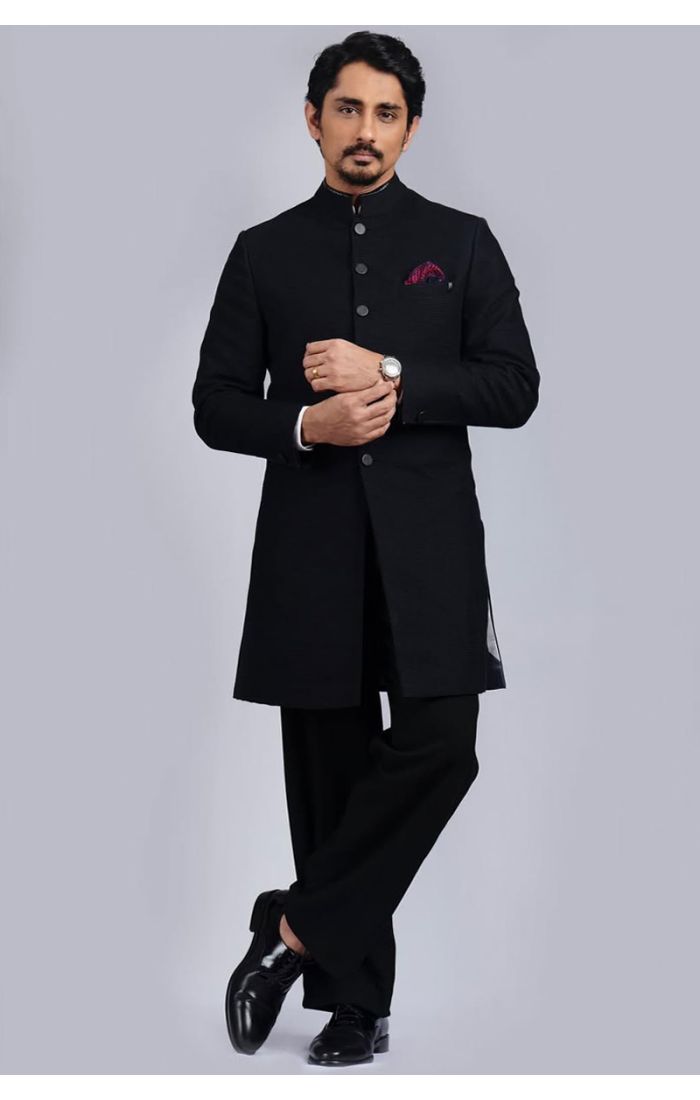 Luxury Black Silk Sherwani for Men – Perfect for Wedding and Festive Occasions