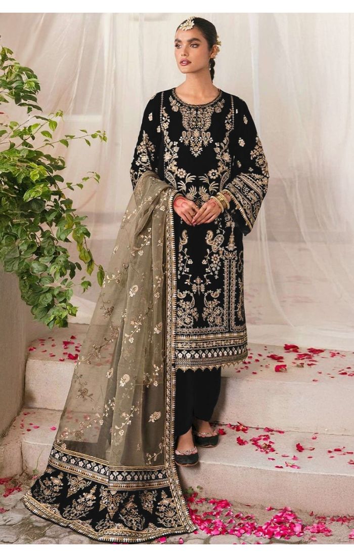 Black velvet zari embroidered salwar suit with olive net dupatta for festive occasions