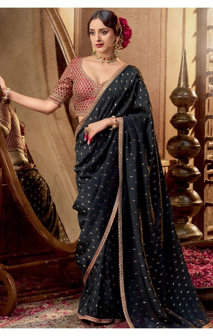 Full view of black viscose crepe saree with zari and lace border