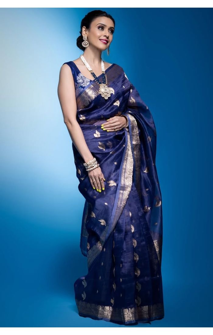 Full pose of traditional Indian woman in rich blue zari saree – festive elegance.