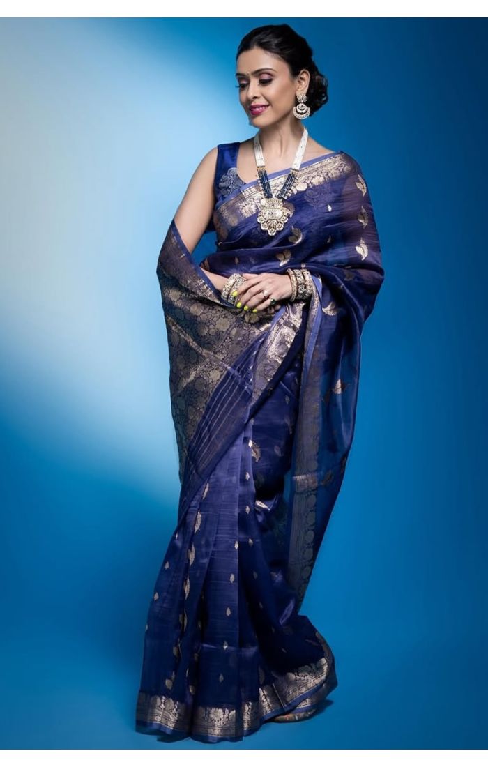 Woman wearing royal blue Banarasi saree with golden zari and matching jewelry – front view.