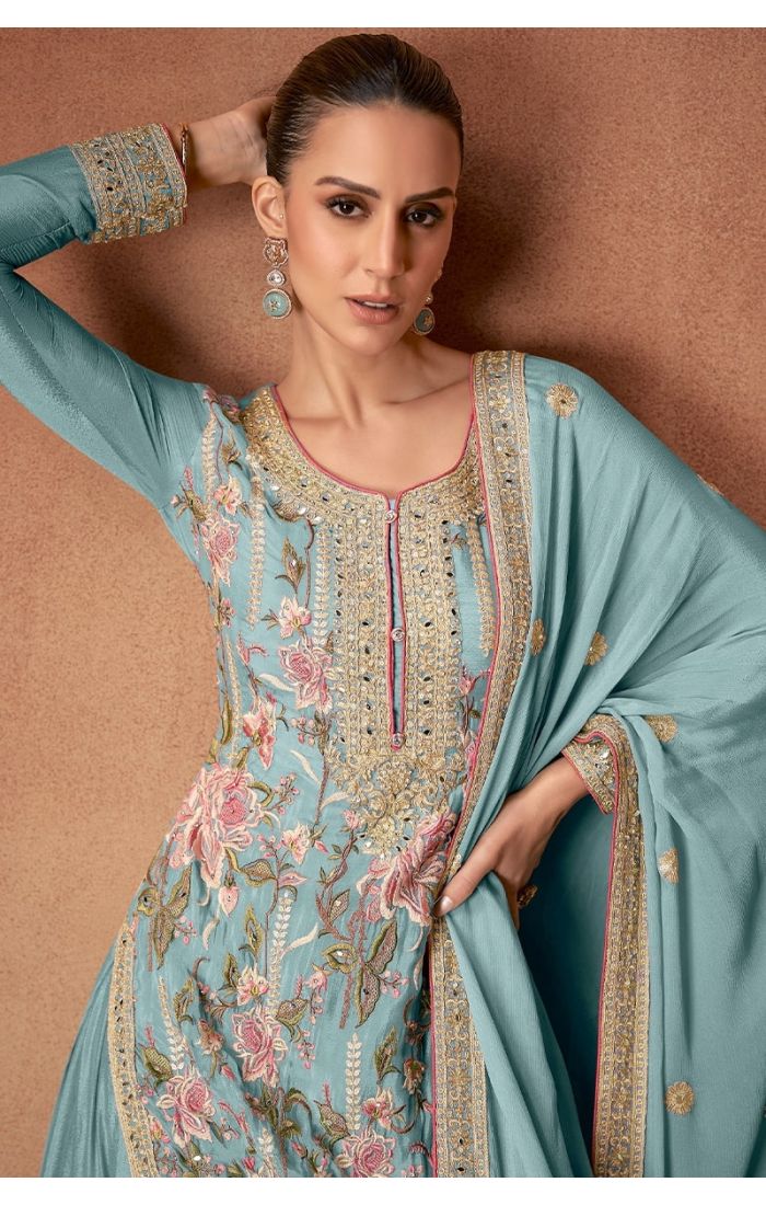 Blue Chinon Silk Embroidered Salwar Suit with Dupatta – Wedding & Festive Wear