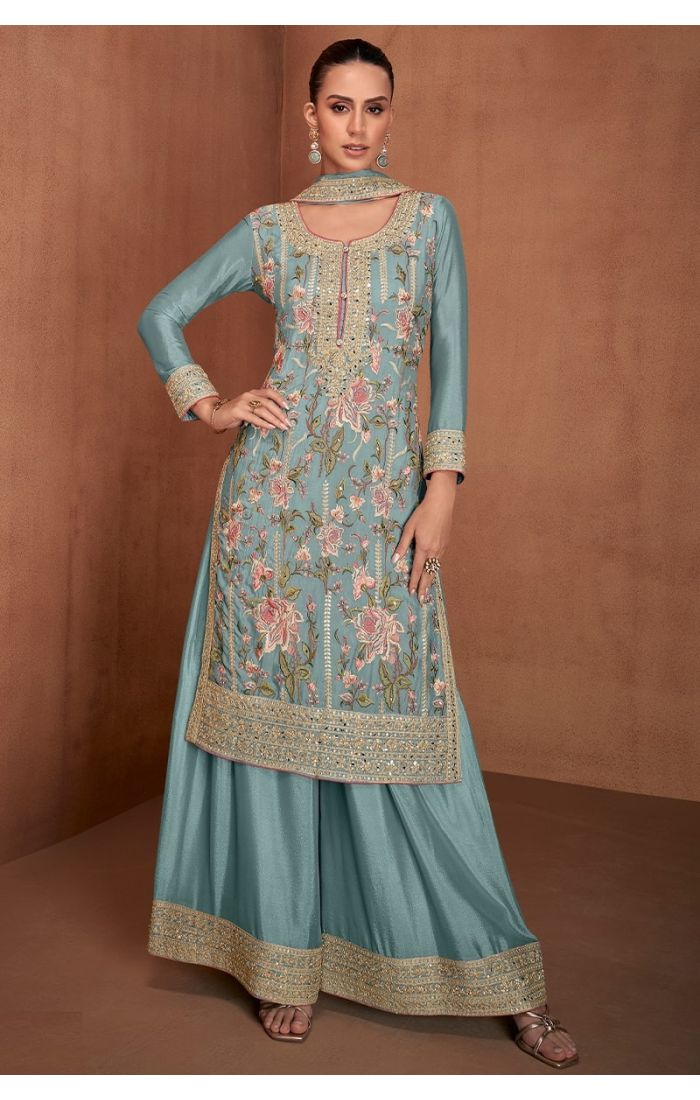 Blue Chinon Silk Embroidered Salwar Suit with Dupatta – Wedding & Festive Wear