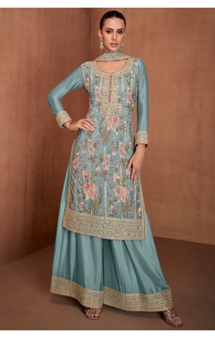 Buy Elegant Blue Chinon Silk Salwar Suit for Weddings & Festive Wear online - SALV5692 | Appelle Fashion 