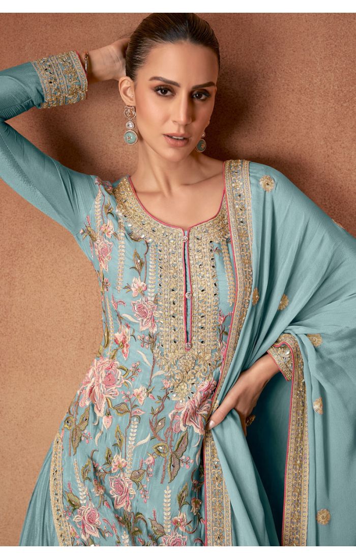 Buy Elegant Blue Chinon Silk Salwar Suit for Weddings & Festive Wear online - SALV5692 | Appelle Fashion 