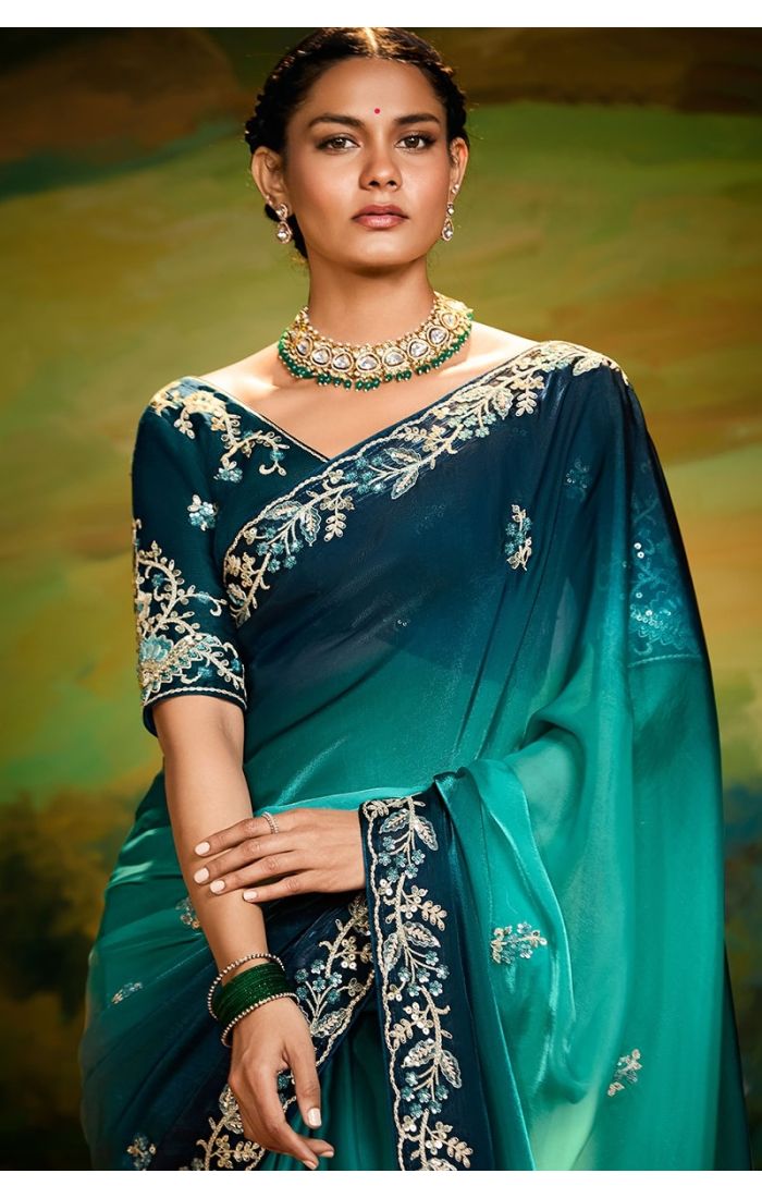 Close-up of zari, sequins, and resham embroidery details