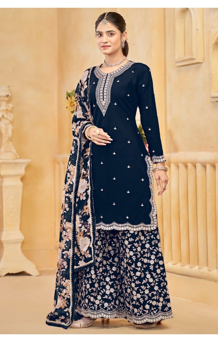 Blue Roman Silk Embroidered Palazzo Suit with Dupatta for Wedding and Festive Wear
