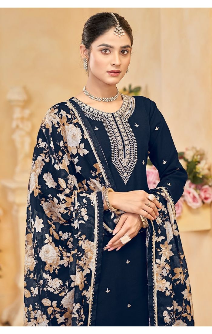 Blue Roman Silk Embroidered Palazzo Suit with Dupatta for Wedding and Festive Wear