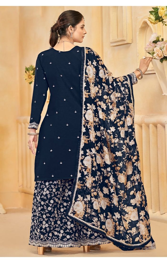 Blue Roman Silk Embroidered Palazzo Suit with Dupatta for Wedding and Festive Wear