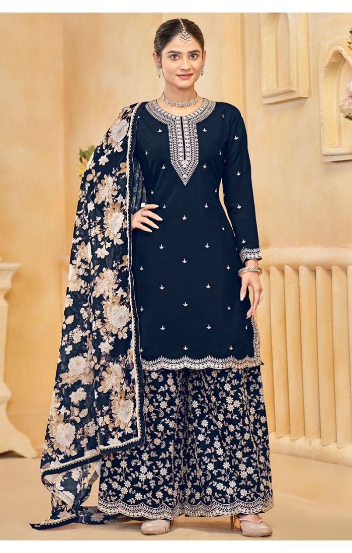Blue Roman Silk Embroidered Palazzo Suit with Dupatta for Wedding and Festive Wear