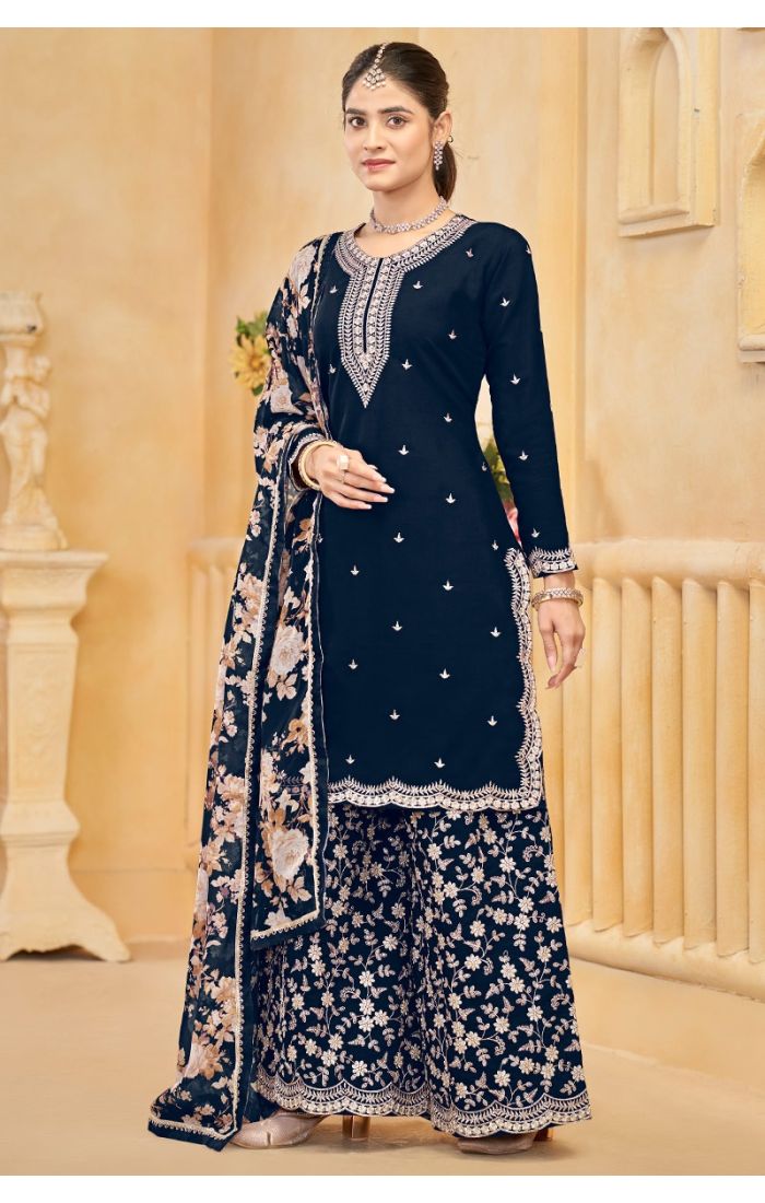 Buy Blue Roman Silk Embroidered Palazzo Suit with Dupatta – Festive Wear Online - SALV5700 | Appelle Fashion 