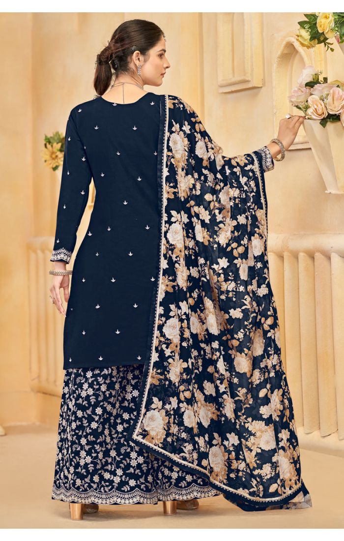 Buy Blue Roman Silk Embroidered Palazzo Suit with Dupatta – Festive Wear Online - SALV5700 | Appelle Fashion 